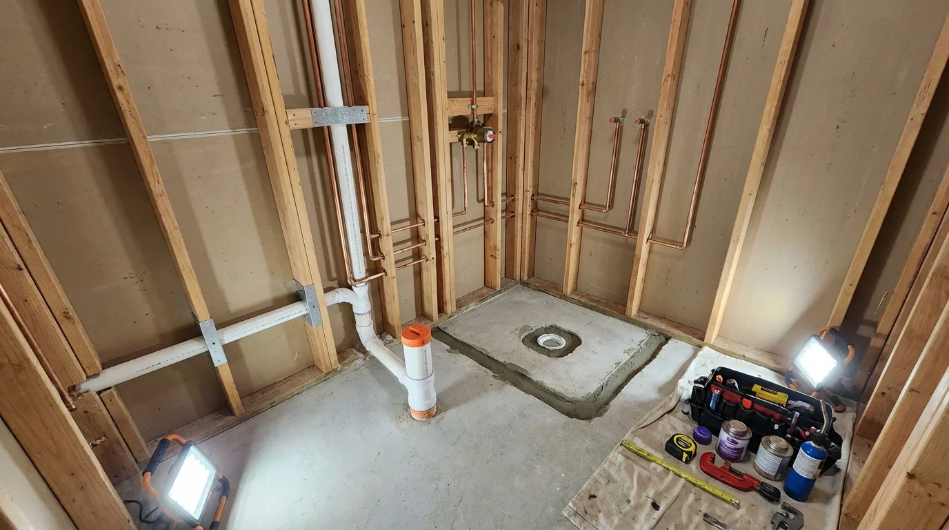 Bathroom rough-in plumbing during remodel by Johns Plumbing LLC in Cumberland Center