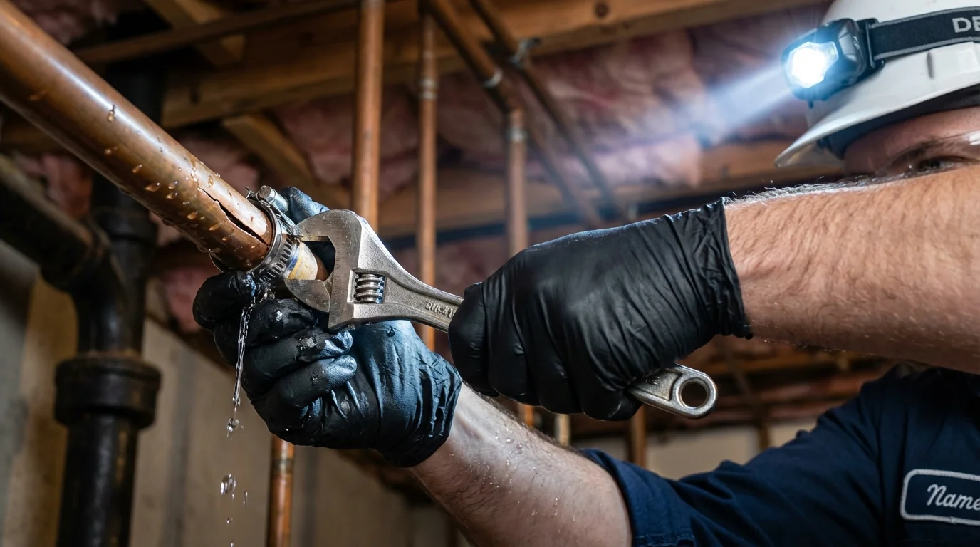 Emergency pipe clamp repair being performed by a Johns Plumbing LLC plumber in Cumberland Center