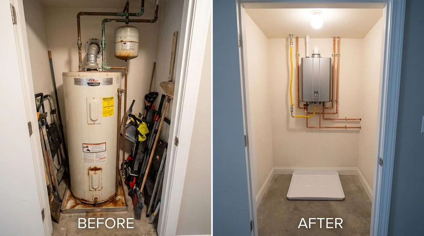 Tank water heater versus wall-mounted tankless unit comparison for Cumberland Center, ME homeowners