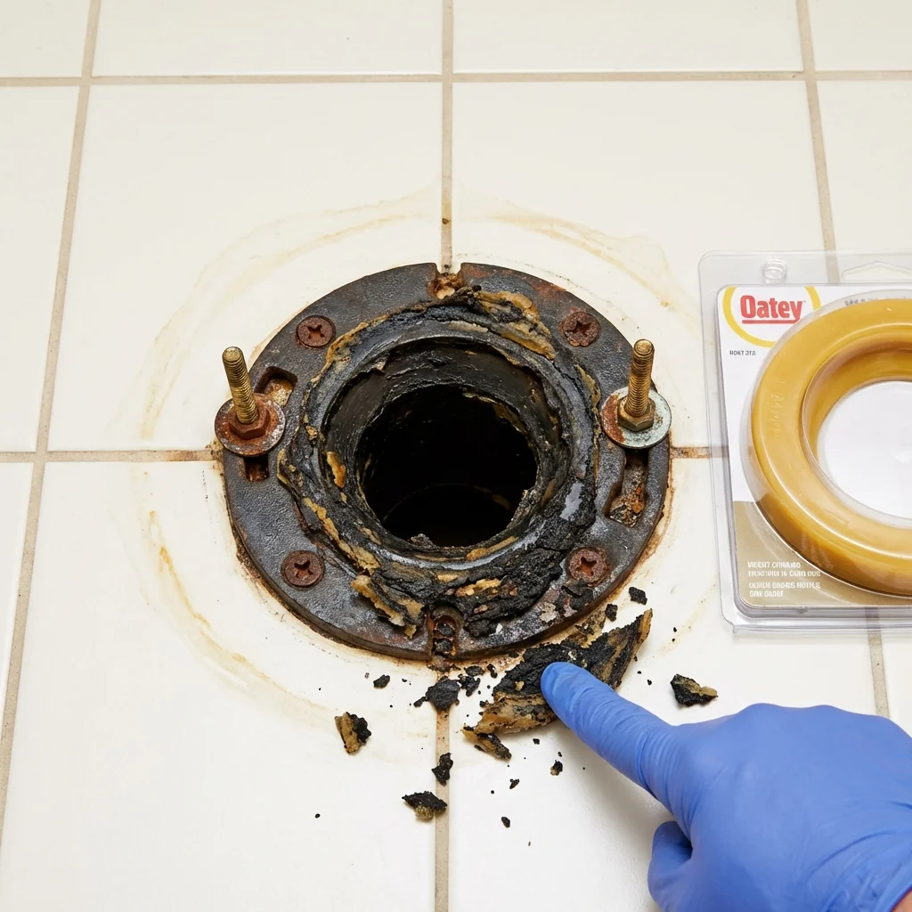 Failed wax ring showing water seepage at the base of a toilet in a Cumberland Center, ME home