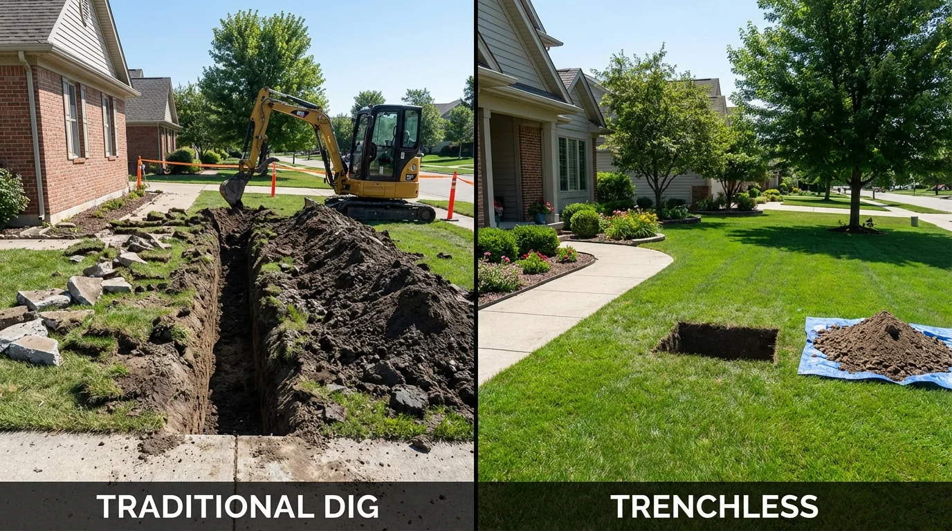 Trenchless sewer repair with minimal yard damage versus traditional excavation in Cumberland Center, ME