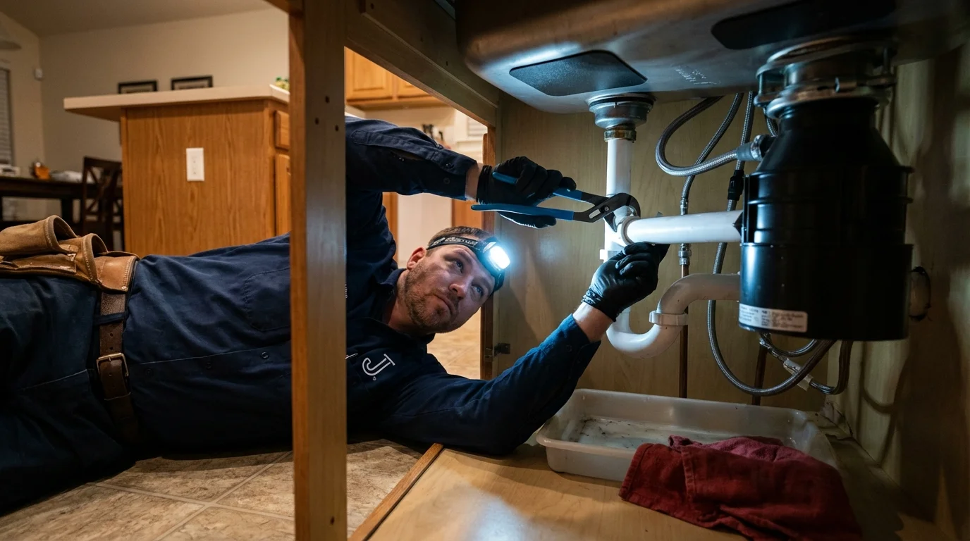 P-trap and supply line connections under a kitchen sink showing a common leak point in Cumberland Center, ME